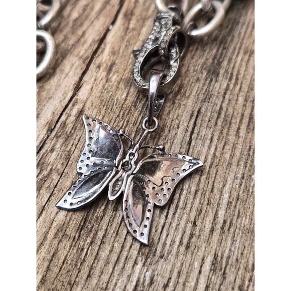 Sterling Silver Link Necklace w/Pave Diamond Clasp Red Enamel Butterfly Pendant - Picture 6 of 9